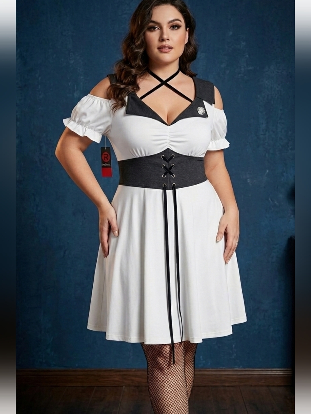 NWT Rosegal Gothic Cold Shoulder Corset Dress - White & Charcoal Size 3X